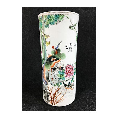 VASO GIAPPONESE CERAMICA DIPINTA EPOCA 1900 PAVONE GIAPPONE CILINDRICO CINESE