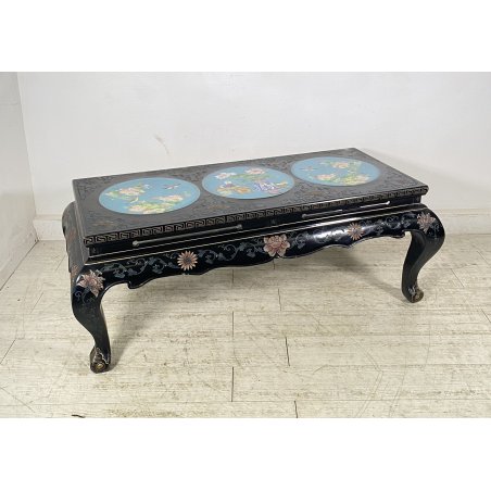 ANTICO TAVOLINO FUMO CINESE 1960 LEGNO LACCATO NERO CLOISONNE ARTE ORIENTALE
