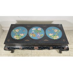 ANTICO TAVOLINO FUMO CINESE 1960 LEGNO LACCATO NERO CLOISONNE ARTE ORIENTALE