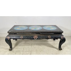 ANTICO TAVOLINO FUMO CINESE 1960 LEGNO LACCATO NERO CLOISONNE ARTE ORIENTALE