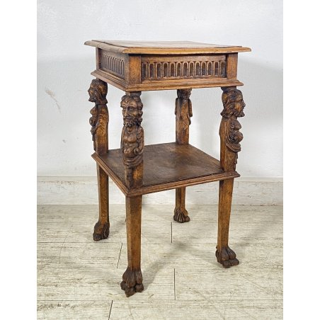 ANTICO TAVOLINO STILE RINASCIIMENTALE LEGNO SCOLPITO FIGURE SMALL TABLE 1900