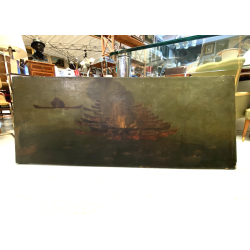 ANTICO GRANDE DIPINTO OLIO BATTAGLIA MARINA NOTTURNA VELIERI GALEONI FIAMME '600