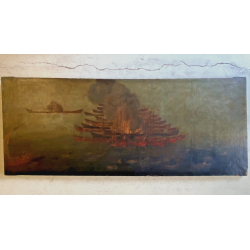 ANTICO GRANDE DIPINTO OLIO BATTAGLIA MARINA NOTTURNA VELIERI GALEONI FIAMME '600