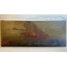 ANTICO GRANDE DIPINTO OLIO BATTAGLIA MARINA NOTTURNA VELIERI GALEONI FIAMME '600