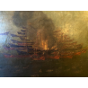 ANTICO GRANDE DIPINTO OLIO BATTAGLIA MARINA NOTTURNA VELIERI GALEONI FIAMME '600