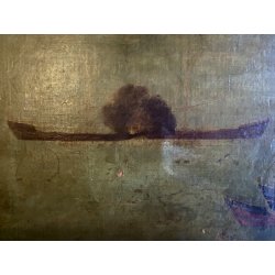 ANTICO GRANDE DIPINTO OLIO BATTAGLIA MARINA NOTTURNA VELIERI GALEONI FIAMME '600
