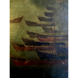 ANTICO GRANDE DIPINTO OLIO BATTAGLIA MARINA NOTTURNA VELIERI GALEONI FIAMME '600