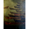 ANTICO GRANDE DIPINTO OLIO BATTAGLIA MARINA NOTTURNA VELIERI GALEONI FIAMME '600