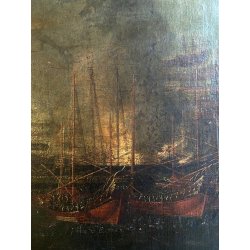 ANTICO GRANDE DIPINTO OLIO BATTAGLIA MARINA NOTTURNA VELIERI GALEONI FIAMME '600