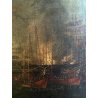 ANTICO GRANDE DIPINTO OLIO BATTAGLIA MARINA NOTTURNA VELIERI GALEONI FIAMME '600