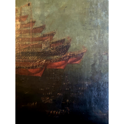 ANTICO GRANDE DIPINTO OLIO BATTAGLIA MARINA NOTTURNA VELIERI GALEONI FIAMME '600