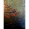 ANTICO GRANDE DIPINTO OLIO BATTAGLIA MARINA NOTTURNA VELIERI GALEONI FIAMME '600