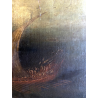 ANTICO GRANDE DIPINTO OLIO BATTAGLIA MARINA NOTTURNA VELIERI GALEONI FIAMME '600