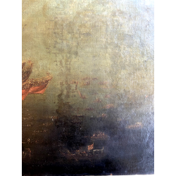 ANTICO GRANDE DIPINTO OLIO BATTAGLIA MARINA NOTTURNA VELIERI GALEONI FIAMME '600
