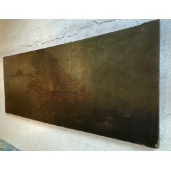 ANTICO GRANDE DIPINTO OLIO BATTAGLIA MARINA NOTTURNA VELIERI GALEONI FIAMME '600