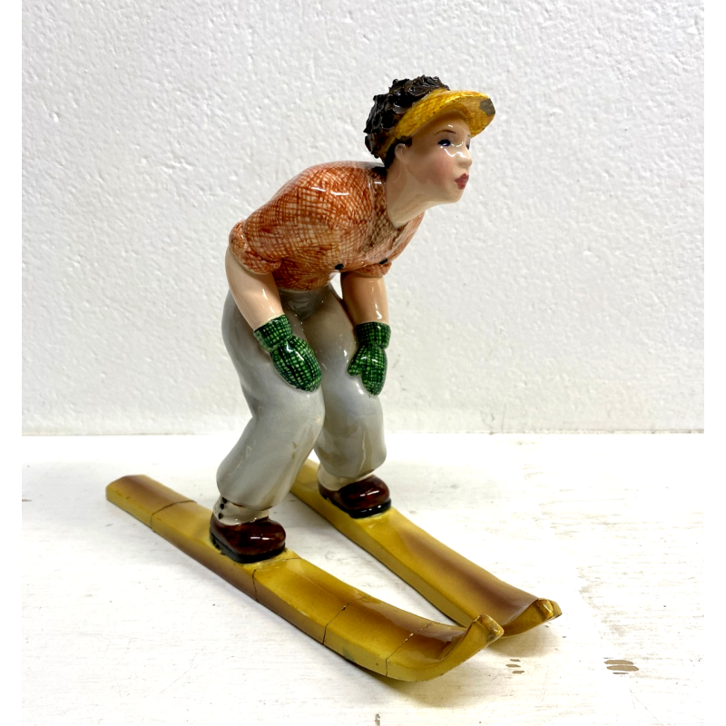 STATUINA SCIATORE CERAMICA POLICROMA Trevir VICENZA SCULTURA Tosin '40 DANNI