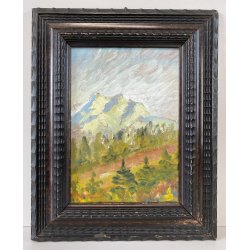 ANTICO DIPINTO OLIO M. Cetrangolo PAESAGGIO MONTANO CORNICE GUILLOCHE '900