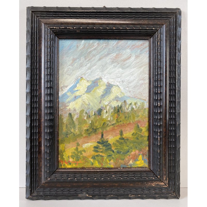 ANTICO DIPINTO OLIO M. Cetrangolo PAESAGGIO MONTANO CORNICE GUILLOCHE '900