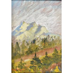 ANTICO DIPINTO OLIO M. Cetrangolo PAESAGGIO MONTANO CORNICE GUILLOCHE '900