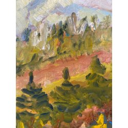ANTICO DIPINTO OLIO M. Cetrangolo PAESAGGIO MONTANO CORNICE GUILLOCHE '900