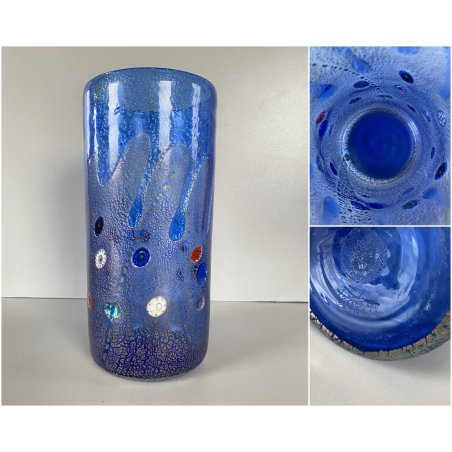 VASO VINTAGE VETRO MURANO Zecchin BLU MILLEFIORI AVVENTURINA ORO ARGENTO '80/'90