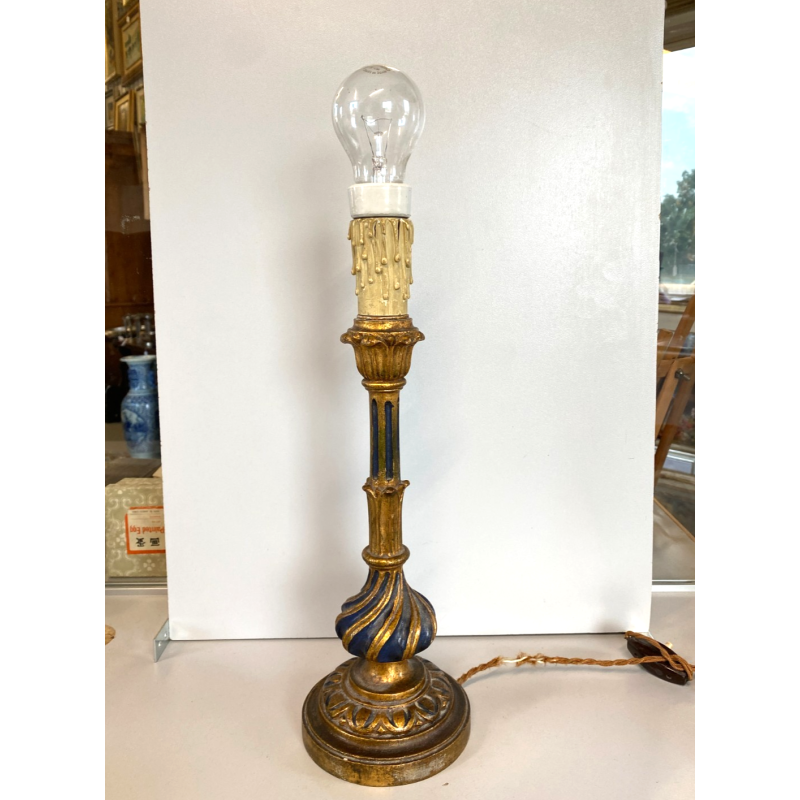 ANTICA LAMPADA TAVOLO LEGNO SCOLPITO DORATO LUME CANDELABRO 36 cm/h EPOCA '900