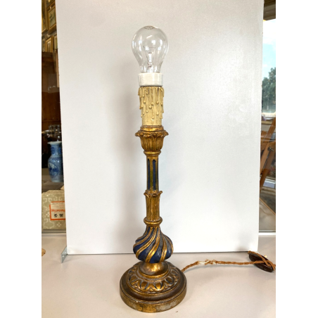 ANTICA LAMPADA TAVOLO LEGNO SCOLPITO DORATO LUME CANDELABRO 36 cm/h EPOCA '900