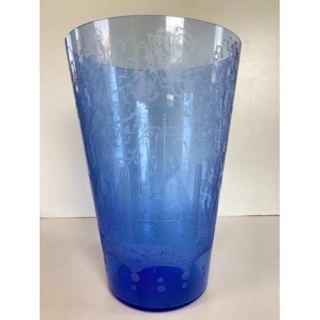 ANTICO VASO VETRO BLU DECORO INCISO MOLATO GIARDINO SEGRETO ART NOUVEAU 26 cm/h
