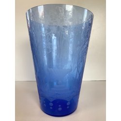 ANTICO VASO VETRO BLU DECORO INCISO MOLATO GIARDINO SEGRETO ART NOUVEAU 26 cm/h
