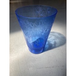 ANTICO VASO VETRO BLU DECORO INCISO MOLATO GIARDINO SEGRETO ART NOUVEAU 26 cm/h
