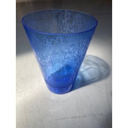 ANTICO VASO VETRO BLU DECORO INCISO MOLATO GIARDINO SEGRETO ART NOUVEAU 26 cm/h