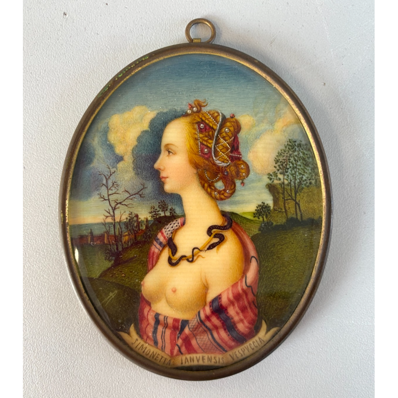 MINIATURA RITRATTO OVALE GIOVANE DONNA Simonetta Vespucci CORNICE METALLO '800