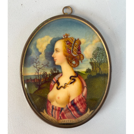 MINIATURA RITRATTO OVALE GIOVANE DONNA Simonetta Vespucci CORNICE METALLO '800