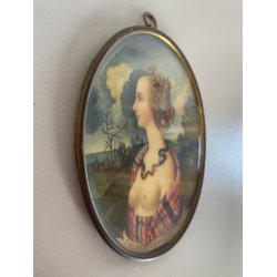 MINIATURA RITRATTO OVALE GIOVANE DONNA Simonetta Vespucci CORNICE METALLO '800