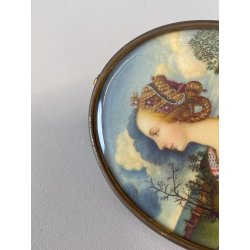 MINIATURA RITRATTO OVALE GIOVANE DONNA Simonetta Vespucci CORNICE METALLO '800