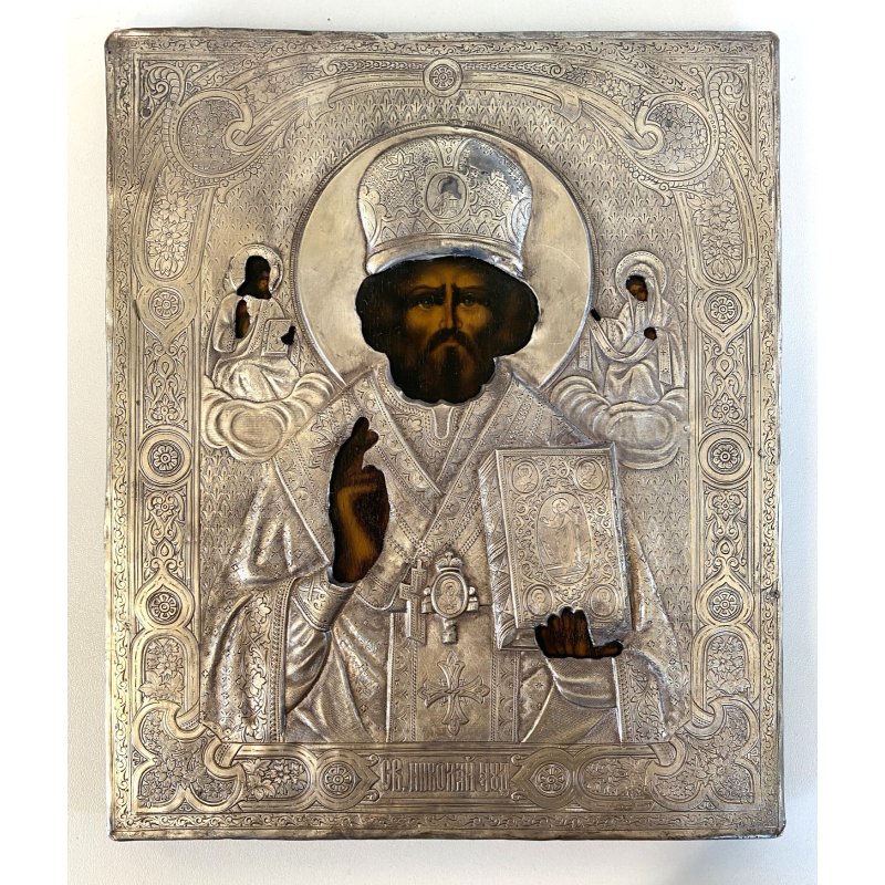 QUADRO ICONA RUSSA San Nicola Taumaturgo LEGNO RIZA METALLO CESELLATO RELIGIOSO