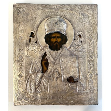 QUADRO ICONA RUSSA San Nicola Taumaturgo LEGNO RIZA METALLO CESELLATO RELIGIOSO