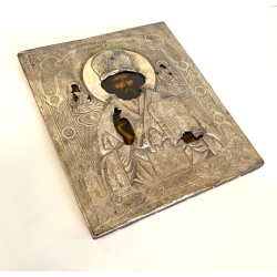 QUADRO ICONA RUSSA San Nicola Taumaturgo LEGNO RIZA METALLO CESELLATO RELIGIOSO