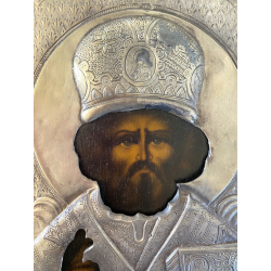 QUADRO ICONA RUSSA San Nicola Taumaturgo LEGNO RIZA METALLO CESELLATO RELIGIOSO