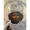 QUADRO ICONA RUSSA San Nicola Taumaturgo LEGNO RIZA METALLO CESELLATO RELIGIOSO