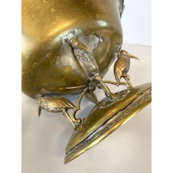 CENTROTAVOLA COPPA ALZATA OTTONE ARGENTATO TRE PIEDI AIRONI/GRU LIBERTY '800
