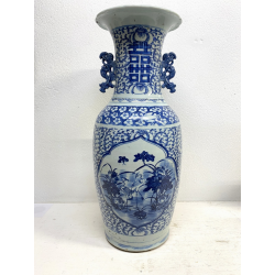 GRANDE VASO PORCELLANA CINESE BLU BIANCA IDEOGRAMMI DOPPIA FELICITà '800/'900