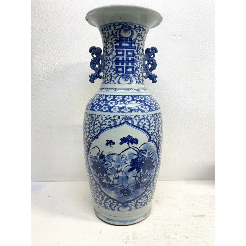 GRANDE VASO PORCELLANA CINESE BLU BIANCA IDEOGRAMMI DOPPIA FELICITà '800/'900