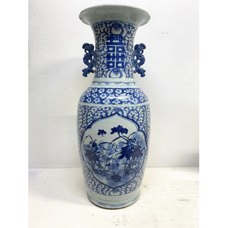 GRANDE VASO PORCELLANA CINESE BLU BIANCA IDEOGRAMMI DOPPIA FELICITà '800/'900