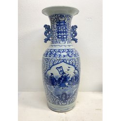 GRANDE VASO PORCELLANA CINESE BLU BIANCA IDEOGRAMMI DOPPIA FELICITà '800/'900