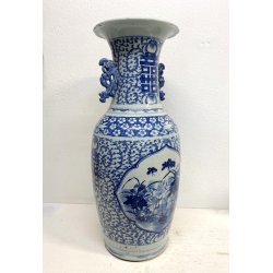 GRANDE VASO PORCELLANA CINESE BLU BIANCA IDEOGRAMMI DOPPIA FELICITà '800/'900