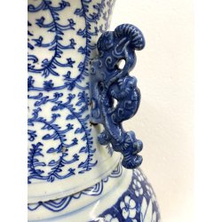 GRANDE VASO PORCELLANA CINESE BLU BIANCA IDEOGRAMMI DOPPIA FELICITà '800/'900