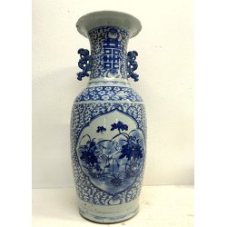GRANDE VASO PORCELLANA CINESE BLU BIANCA IDEOGRAMMI DOPPIA FELICITà '800/'900