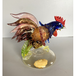 SCULTURA VETRO Murano SOMMERSO TRASPARENTE FOGLIA ORO GALLO 12,5 cm/h '50