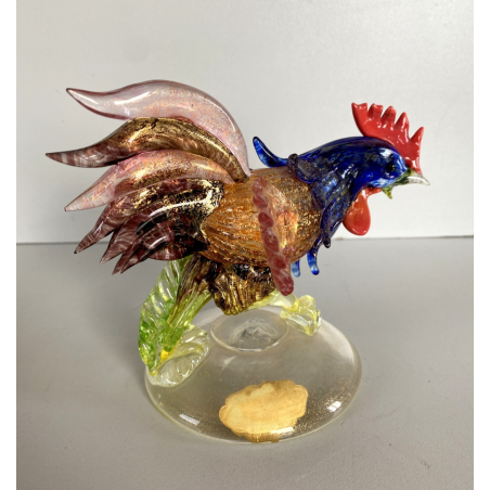 SCULTURA VETRO Murano SOMMERSO TRASPARENTE FOGLIA ORO GALLO 12,5 cm/h '50